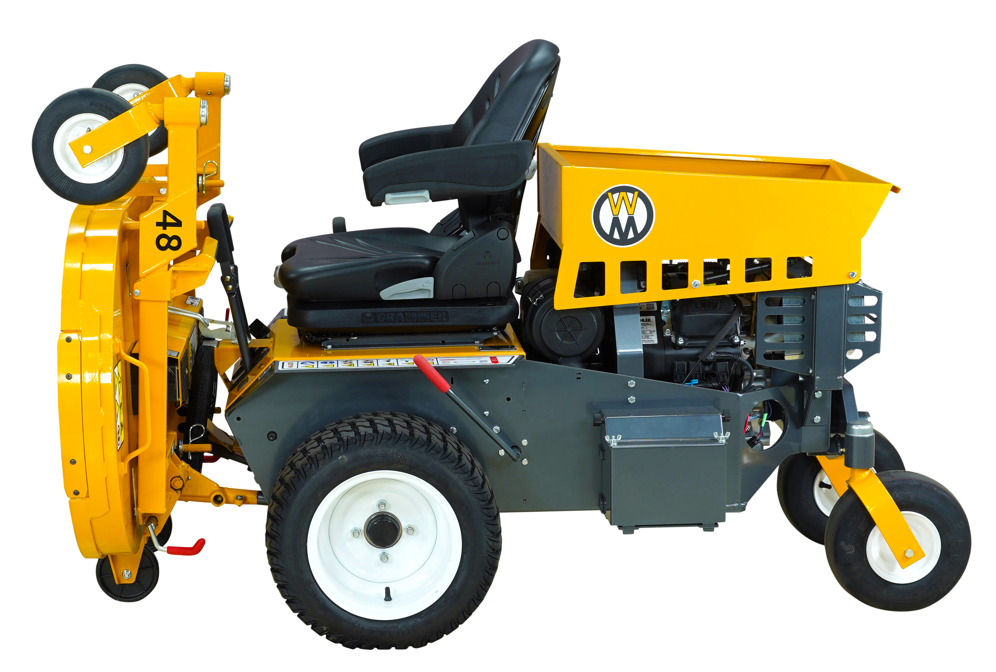 Walker B27I With 48-Inch Mulching Deck Tilted Up For Maintenance