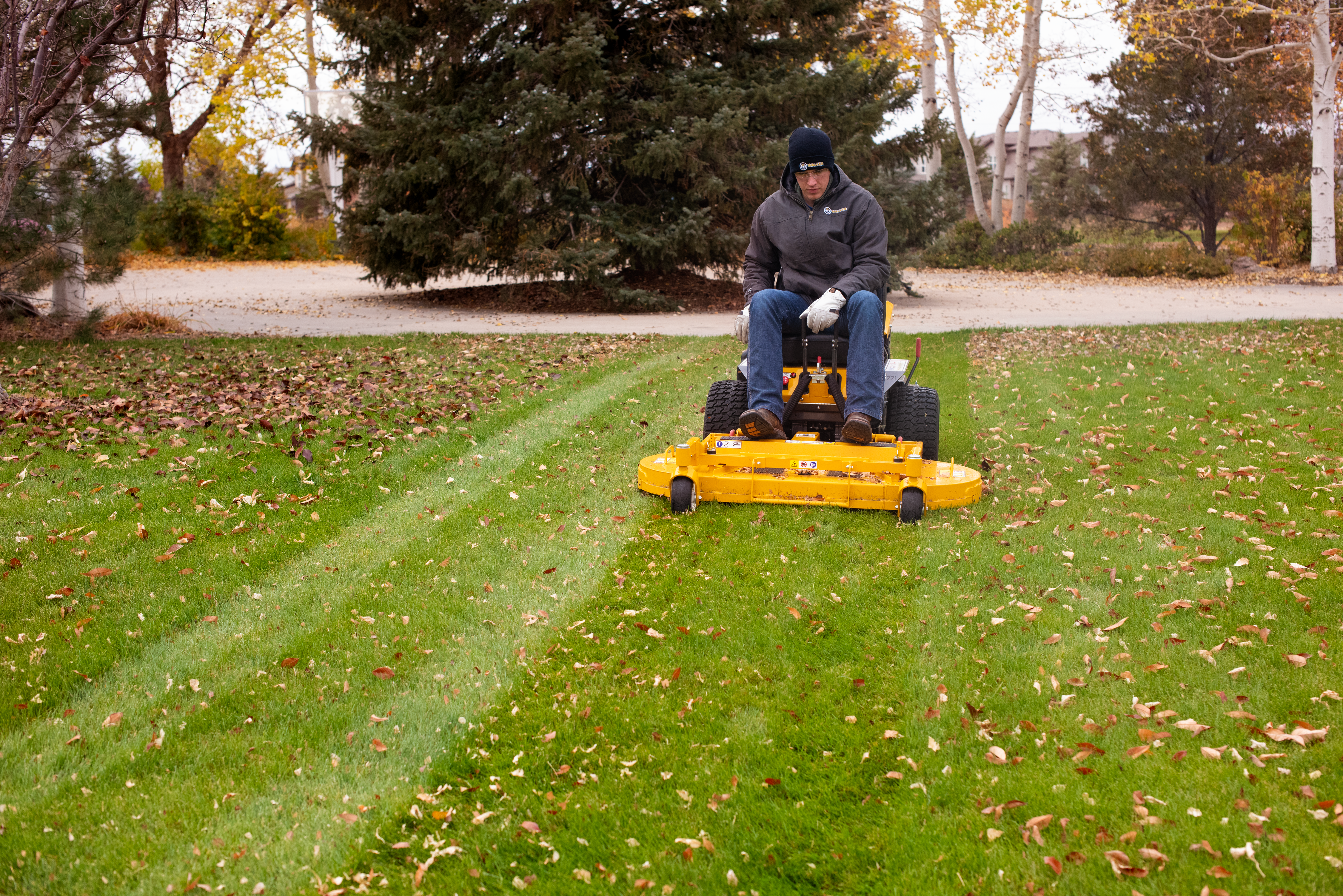Walker B27I With 52-Inch Mulching Deck Mowing An Autumn Lawn